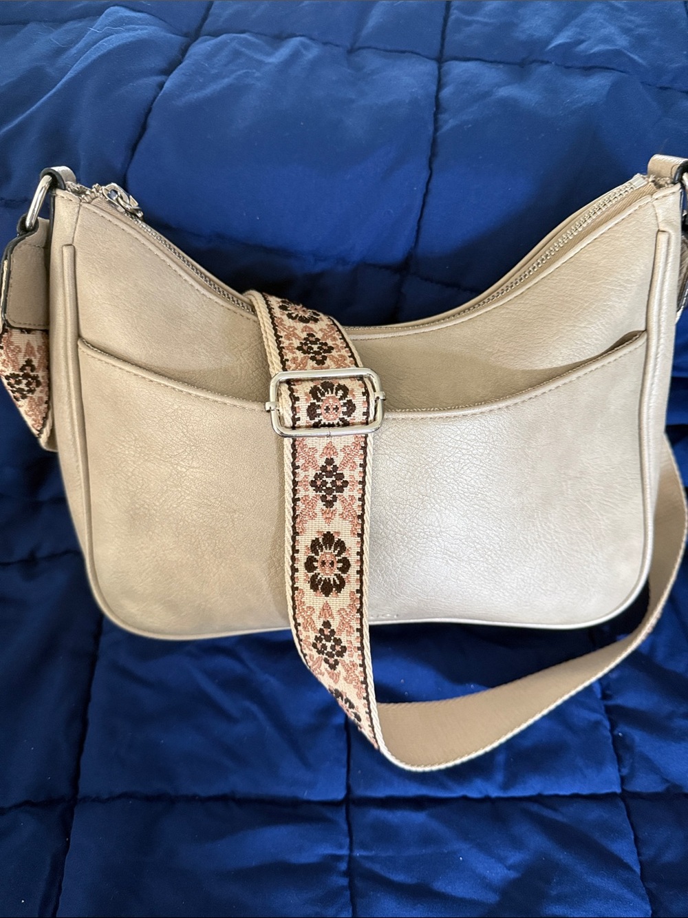 Cream Leather Crossbody Bag with Floral Jacquard Strap